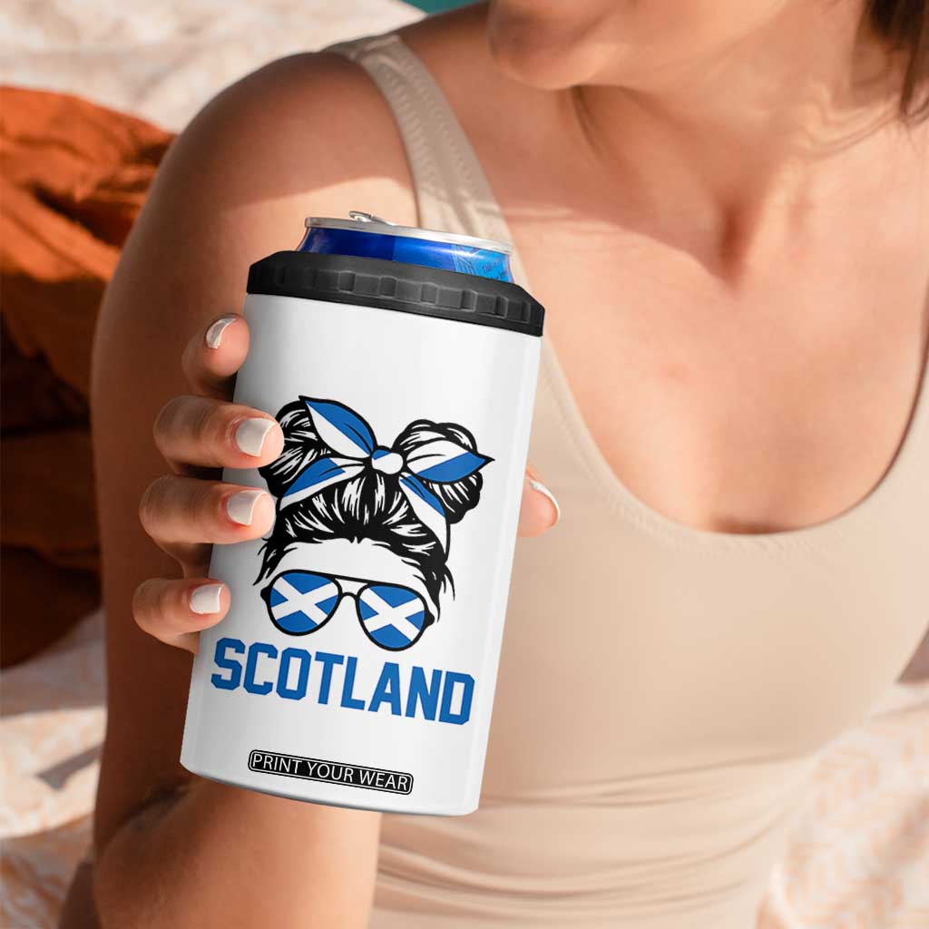 Scotland Messy Bun Hair Saltire Flag Ribbon Bow 4 in 1 Can Cooler Tumbler Scottish Pride for Girls Women