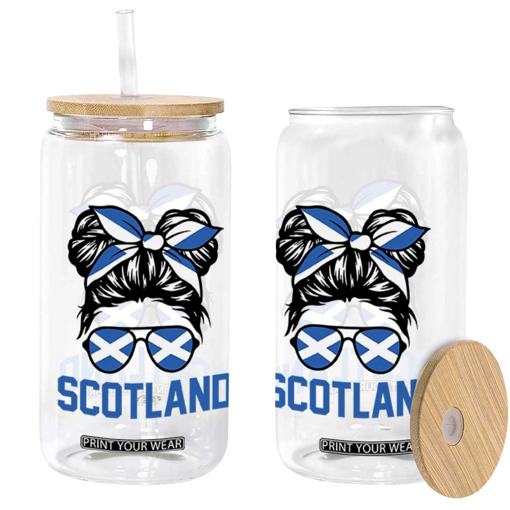Scotland Messy Bun Hair Saltire Flag Ribbon Bow Glass Can Scottish Pride for Girls Women