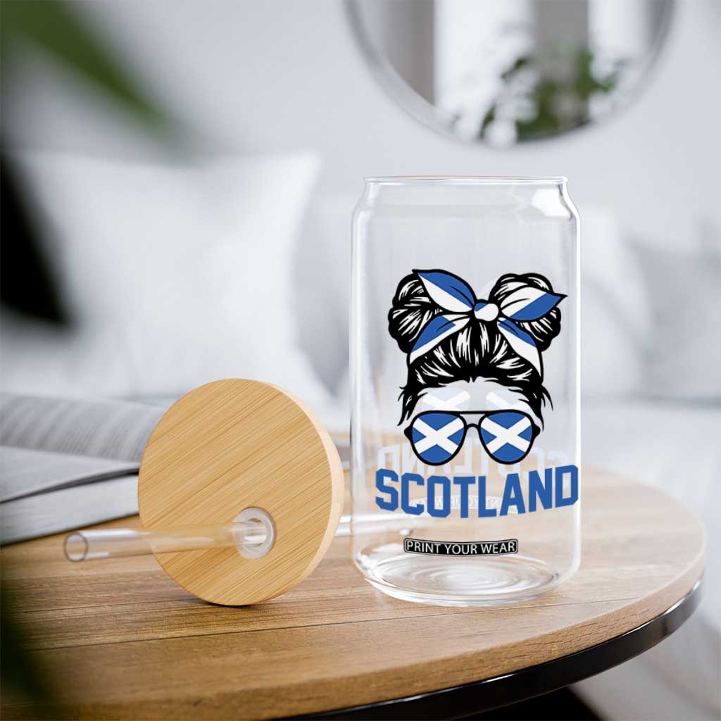 Scotland Messy Bun Hair Saltire Flag Ribbon Bow Glass Can Scottish Pride for Girls Women