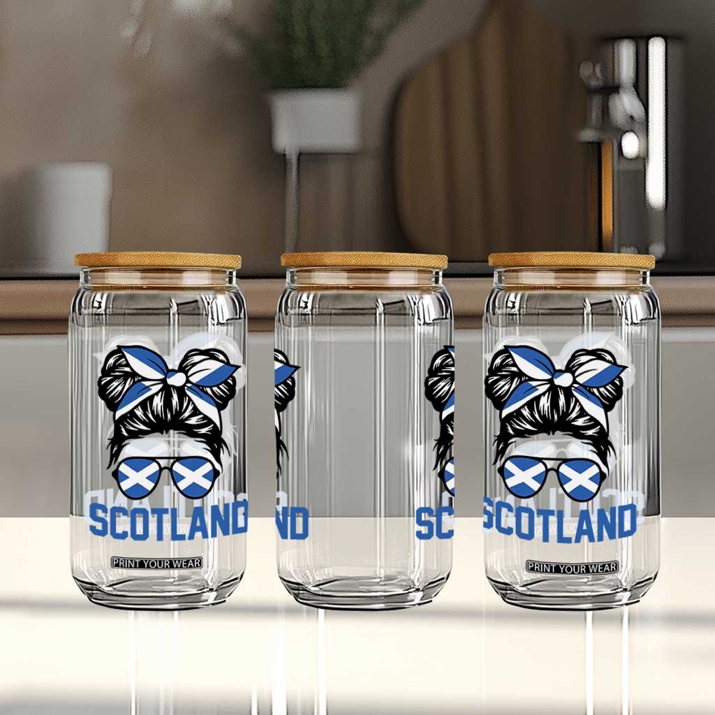 Scotland Messy Bun Hair Saltire Flag Ribbon Bow Glass Can Scottish Pride for Girls Women