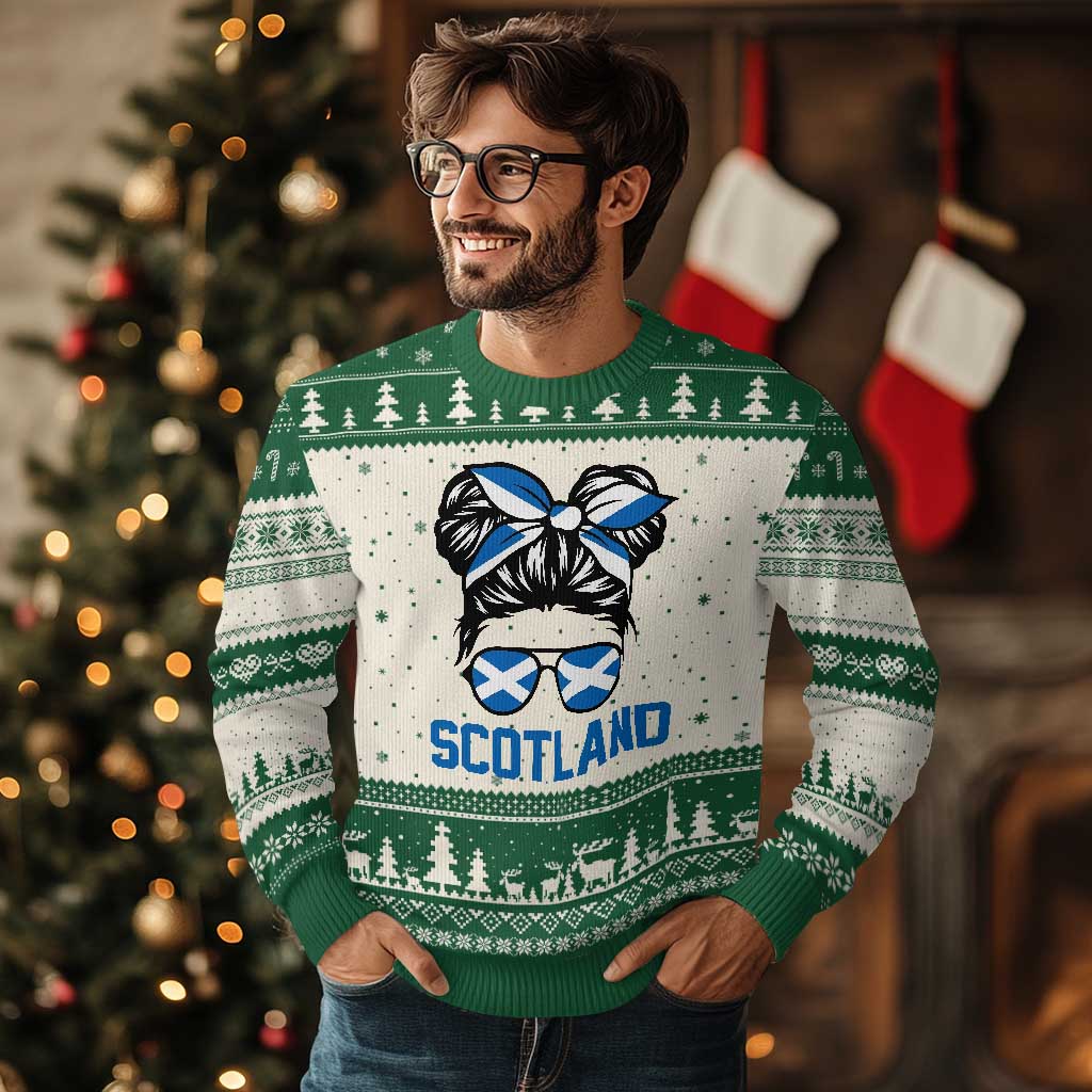 Scotland Messy Bun Hair Saltire Flag Ribbon Bow Ugly Christmas Sweater Scottish Pride for Girls Women