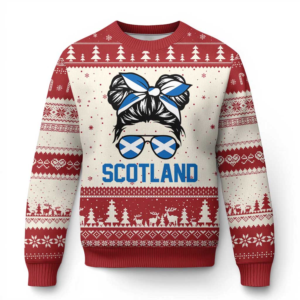Scotland Messy Bun Hair Saltire Flag Ribbon Bow Ugly Christmas Sweater Scottish Pride for Girls Women TS02 Beige Red Print Your Wear
