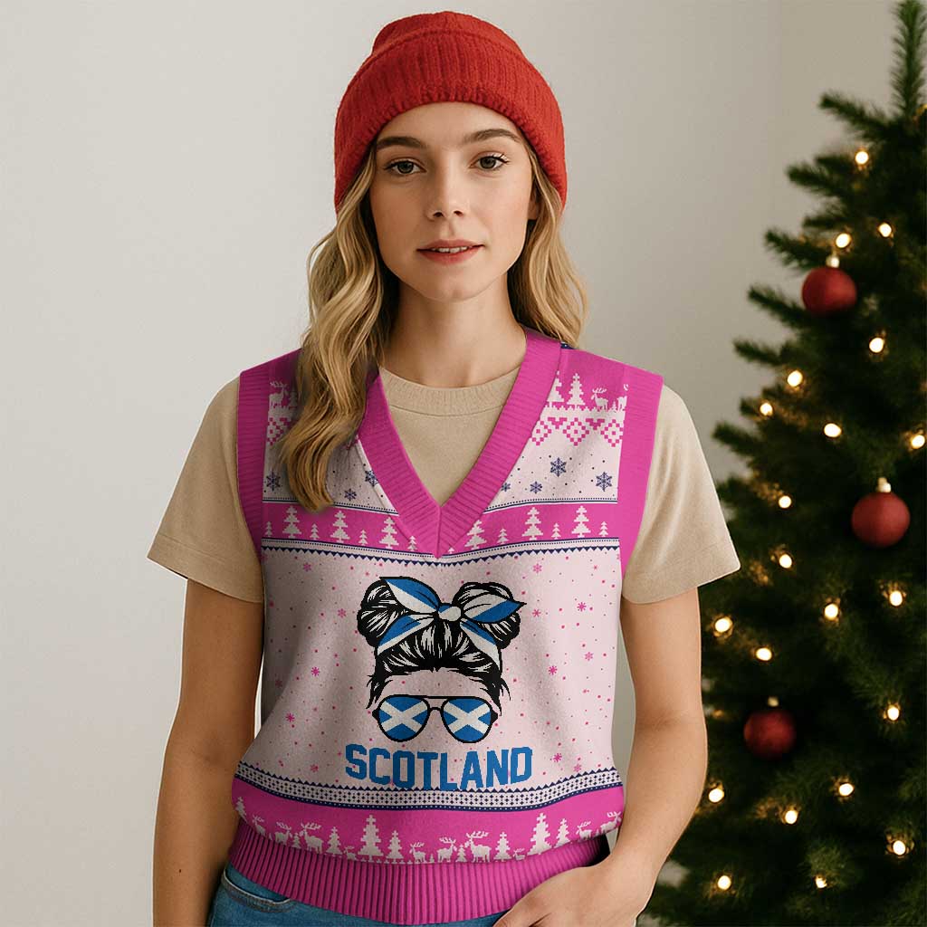 Scotland Messy Bun Hair Saltire Flag Ribbon Bow V-Neck Knit Sweater Vest Scottish Pride for Girls Women