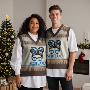 Scotland Messy Bun Hair Saltire Flag Ribbon Bow V-Neck Knit Sweater Vest Scottish Pride for Girls Women