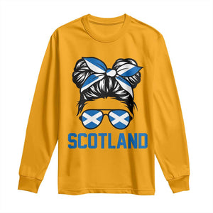 Scotland Messy Bun Hair Saltire Flag Ribbon Bow Long Sleeve Shirt Scottish Pride for Girls Women