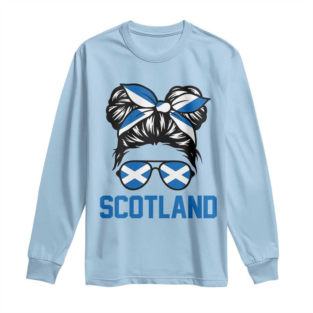 Scotland Messy Bun Hair Saltire Flag Ribbon Bow Long Sleeve Shirt Scottish Pride for Girls Women