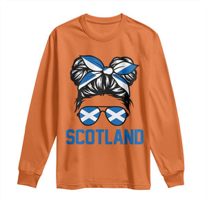 Scotland Messy Bun Hair Saltire Flag Ribbon Bow Long Sleeve Shirt Scottish Pride for Girls Women