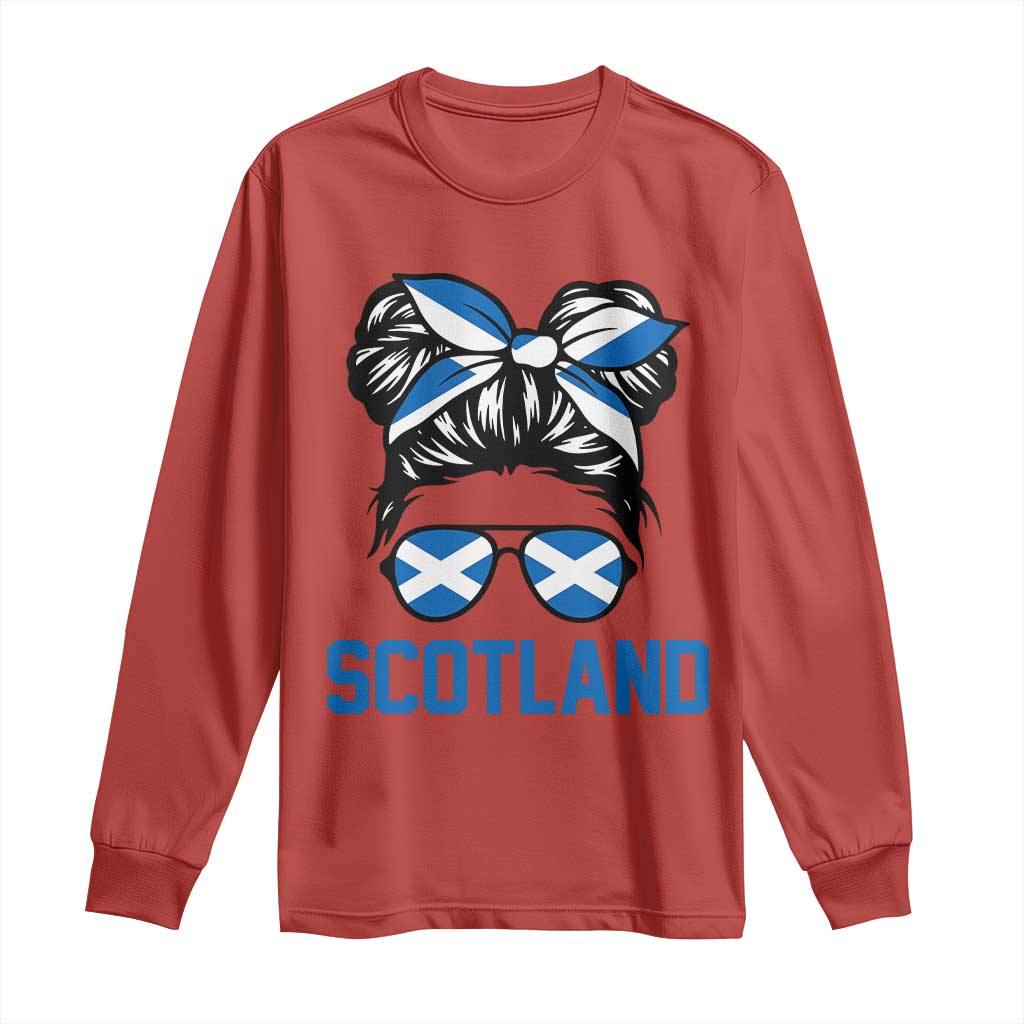 Scotland Messy Bun Hair Saltire Flag Ribbon Bow Long Sleeve Shirt Scottish Pride for Girls Women