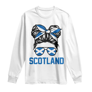 Scotland Messy Bun Hair Saltire Flag Ribbon Bow Long Sleeve Shirt Scottish Pride for Girls Women