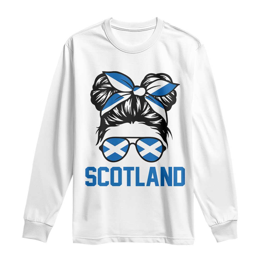 Scotland Messy Bun Hair Saltire Flag Ribbon Bow Long Sleeve Shirt Scottish Pride for Girls Women TS02 White Print Your Wear