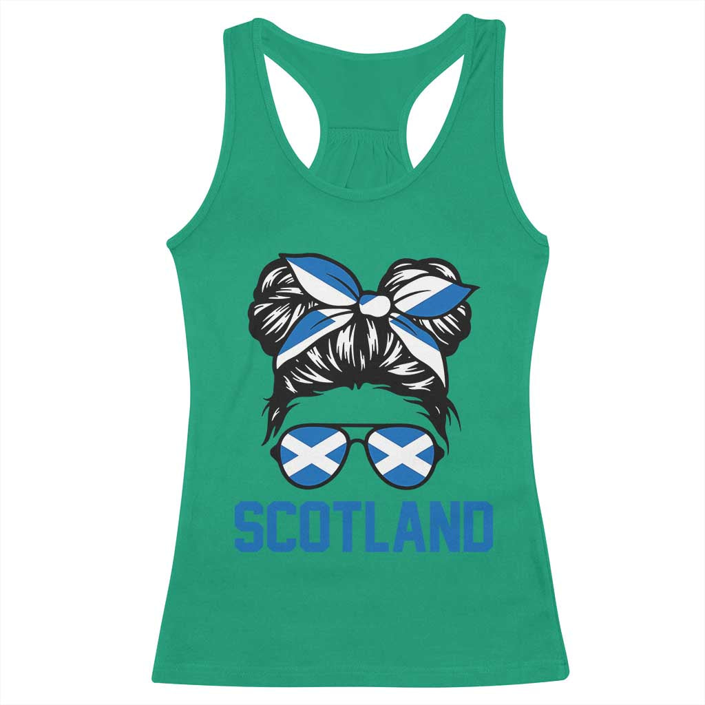 Scotland Messy Bun Hair Saltire Flag Ribbon Bow Racerback Tank Top Scottish Pride for Girls Women