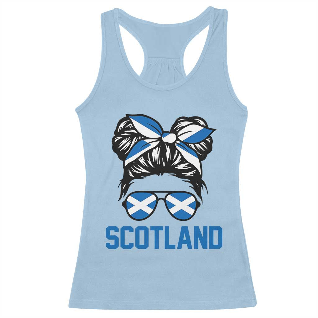 Scotland Messy Bun Hair Saltire Flag Ribbon Bow Racerback Tank Top Scottish Pride for Girls Women