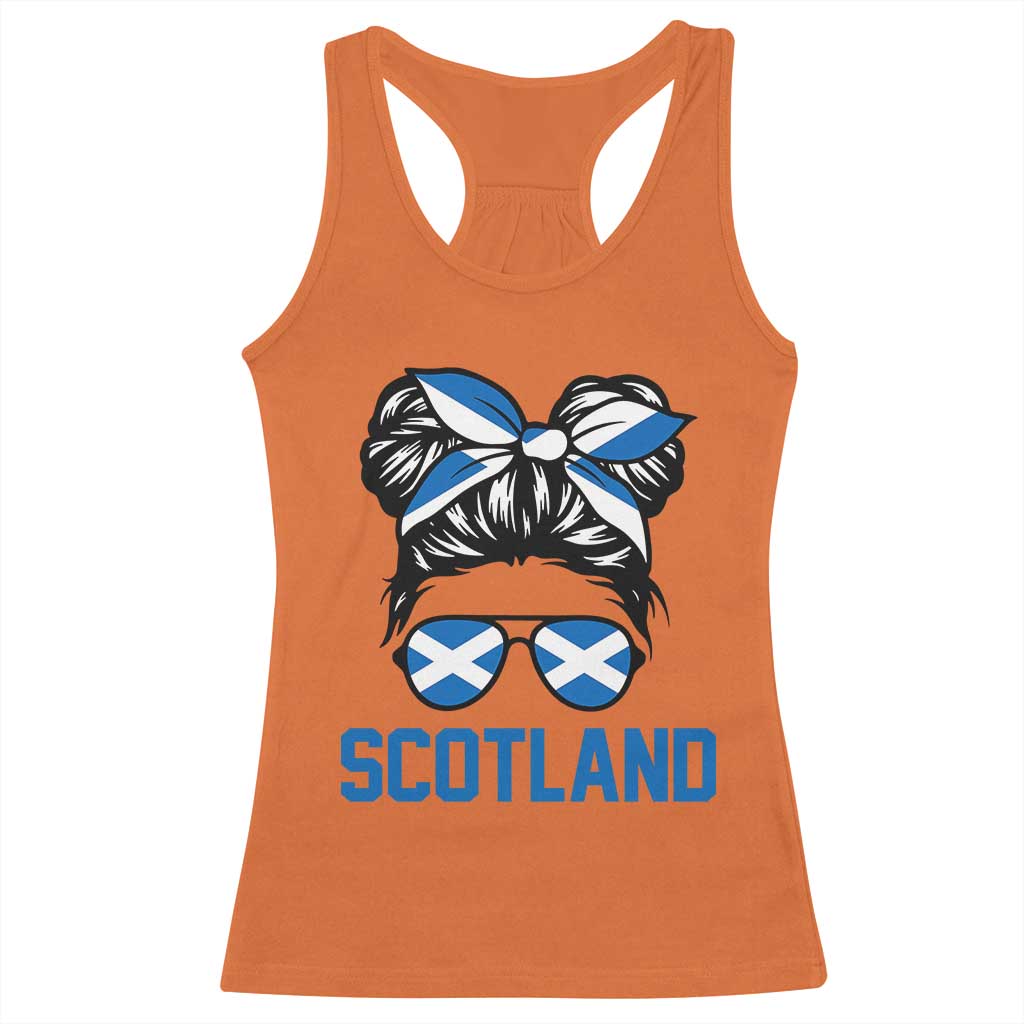 Scotland Messy Bun Hair Saltire Flag Ribbon Bow Racerback Tank Top Scottish Pride for Girls Women