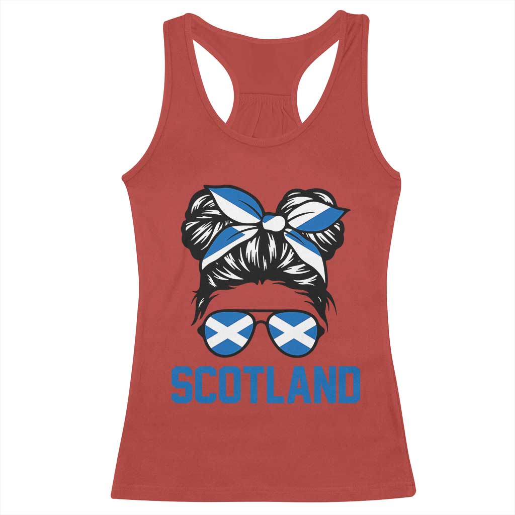 Scotland Messy Bun Hair Saltire Flag Ribbon Bow Racerback Tank Top Scottish Pride for Girls Women