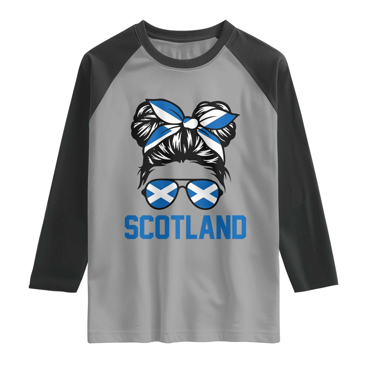 Scotland Messy Bun Hair Saltire Flag Ribbon Bow Raglan Shirt Scottish Pride for Girls Women