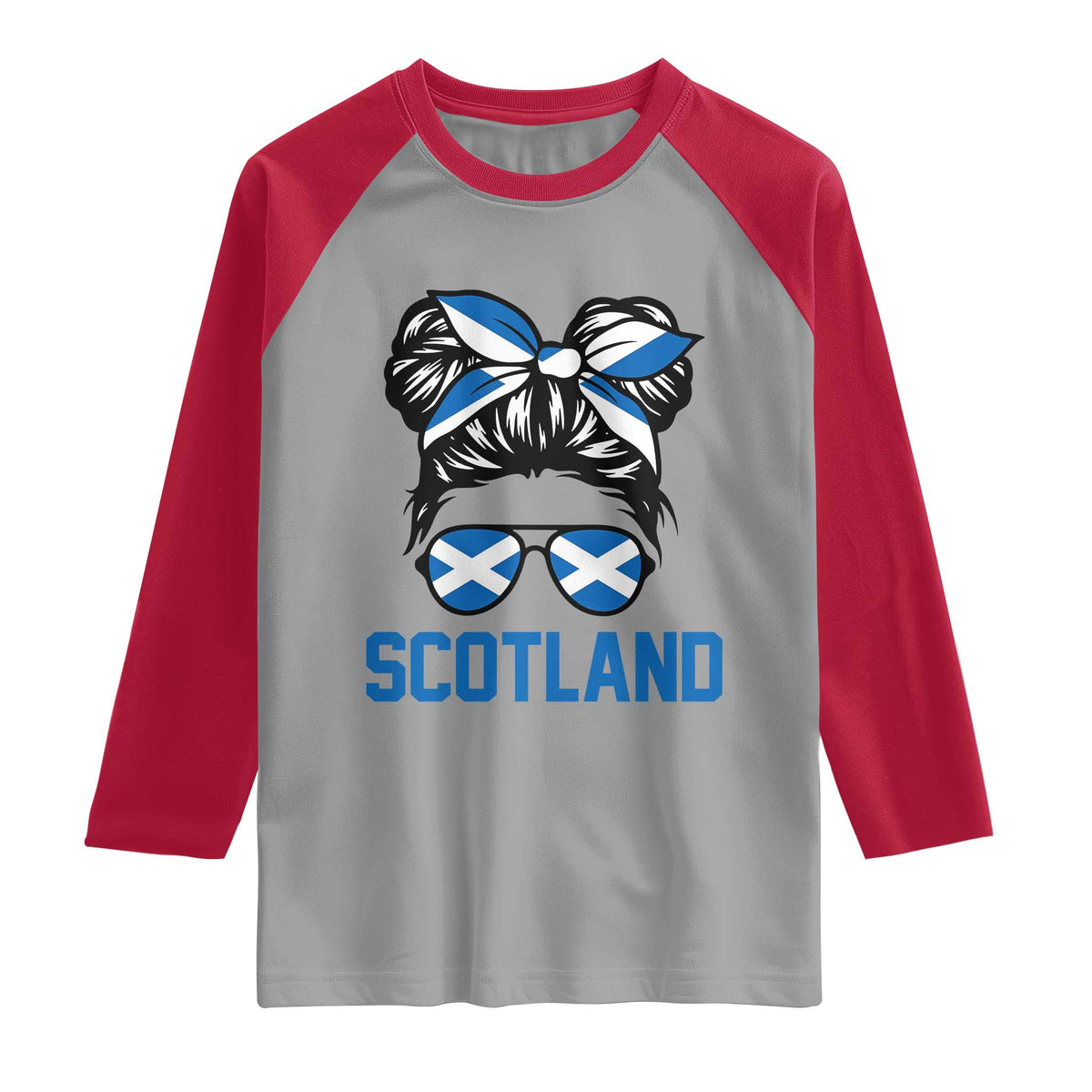 Scotland Messy Bun Hair Saltire Flag Ribbon Bow Raglan Shirt Scottish Pride for Girls Women