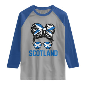 Scotland Messy Bun Hair Saltire Flag Ribbon Bow Raglan Shirt Scottish Pride for Girls Women