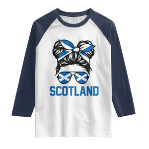 Scotland Messy Bun Hair Saltire Flag Ribbon Bow Raglan Shirt Scottish Pride for Girls Women
