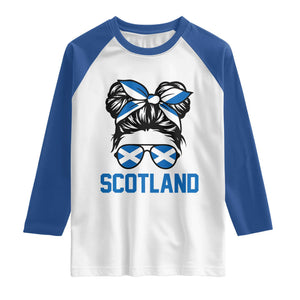 Scotland Messy Bun Hair Saltire Flag Ribbon Bow Raglan Shirt Scottish Pride for Girls Women