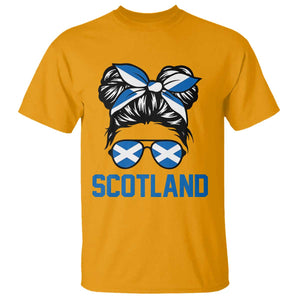 Scotland Messy Bun Hair Saltire Flag Ribbon Bow T Shirt Scottish Pride for Girls Women