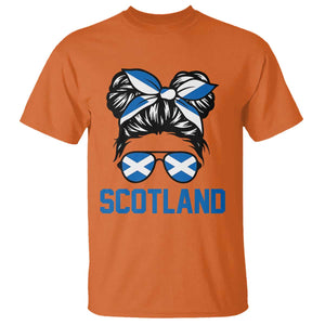 Scotland Messy Bun Hair Saltire Flag Ribbon Bow T Shirt Scottish Pride for Girls Women