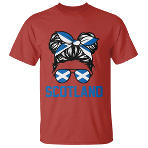 Scotland Messy Bun Hair Saltire Flag Ribbon Bow T Shirt Scottish Pride for Girls Women