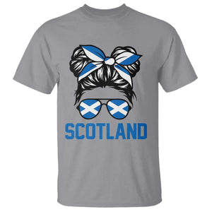 Scotland Messy Bun Hair Saltire Flag Ribbon Bow T Shirt Scottish Pride for Girls Women
