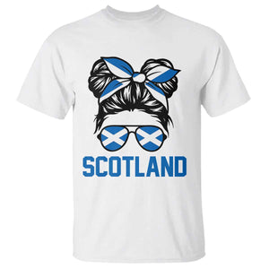 Scotland Messy Bun Hair Saltire Flag Ribbon Bow T Shirt Scottish Pride for Girls Women