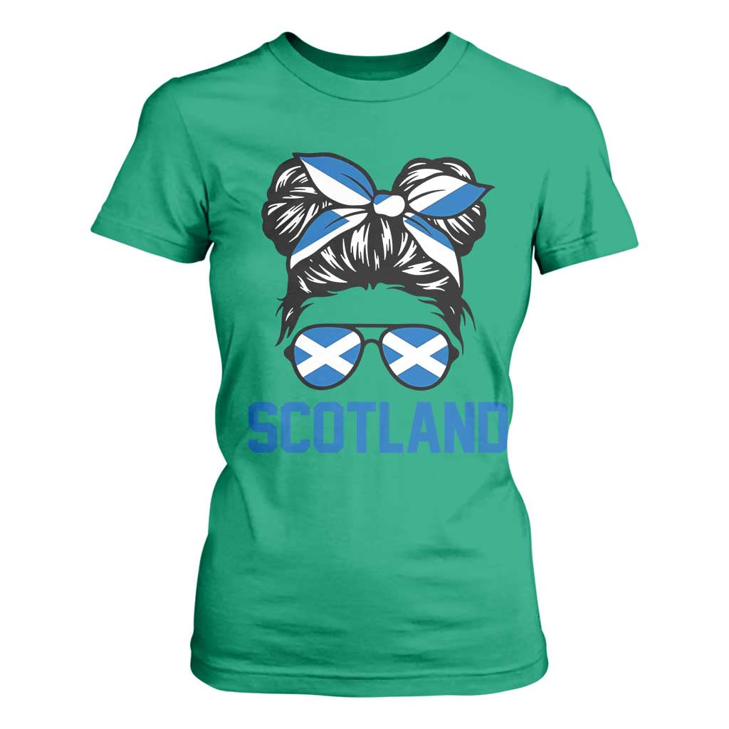 Scotland Messy Bun Hair Saltire Flag Ribbon Bow T Shirt For Women Scottish Pride for Girls Women