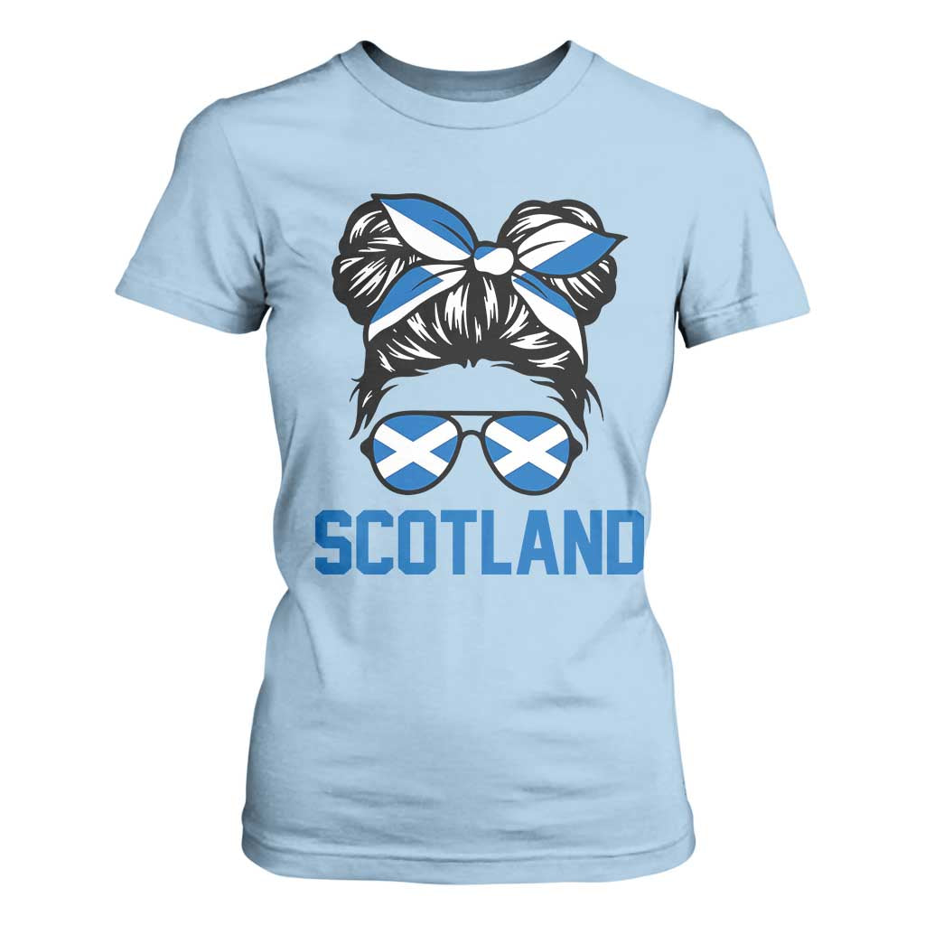 Scotland Messy Bun Hair Saltire Flag Ribbon Bow T Shirt For Women Scottish Pride for Girls Women
