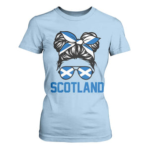 Scotland Messy Bun Hair Saltire Flag Ribbon Bow T Shirt For Women Scottish Pride for Girls Women