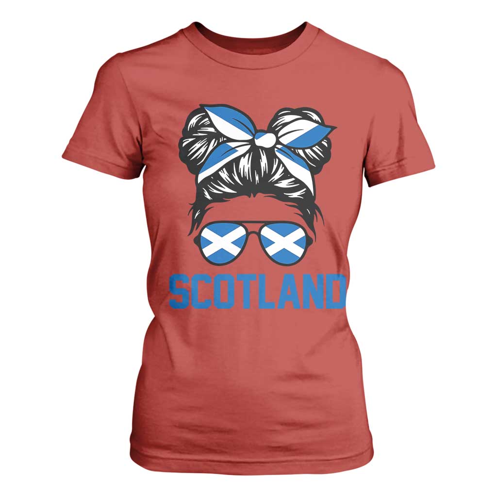 Scotland Messy Bun Hair Saltire Flag Ribbon Bow T Shirt For Women Scottish Pride for Girls Women