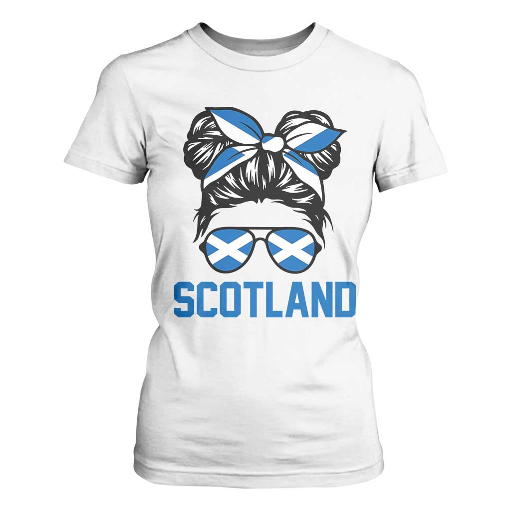 Scotland Messy Bun Hair Saltire Flag Ribbon Bow T Shirt For Women Scottish Pride for Girls Women