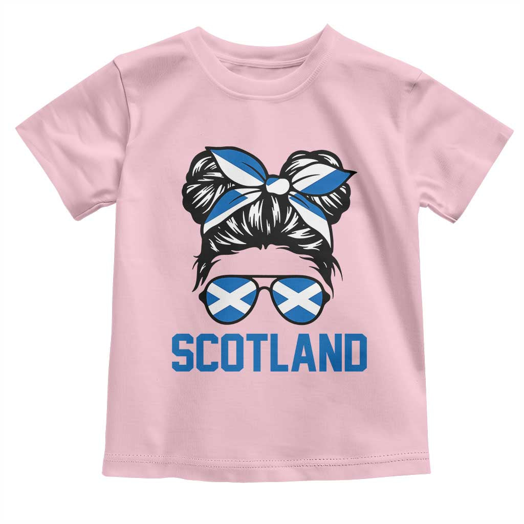 Scotland Messy Bun Hair Saltire Flag Ribbon Bow Toddler T Shirt Scottish Pride for Girls Women