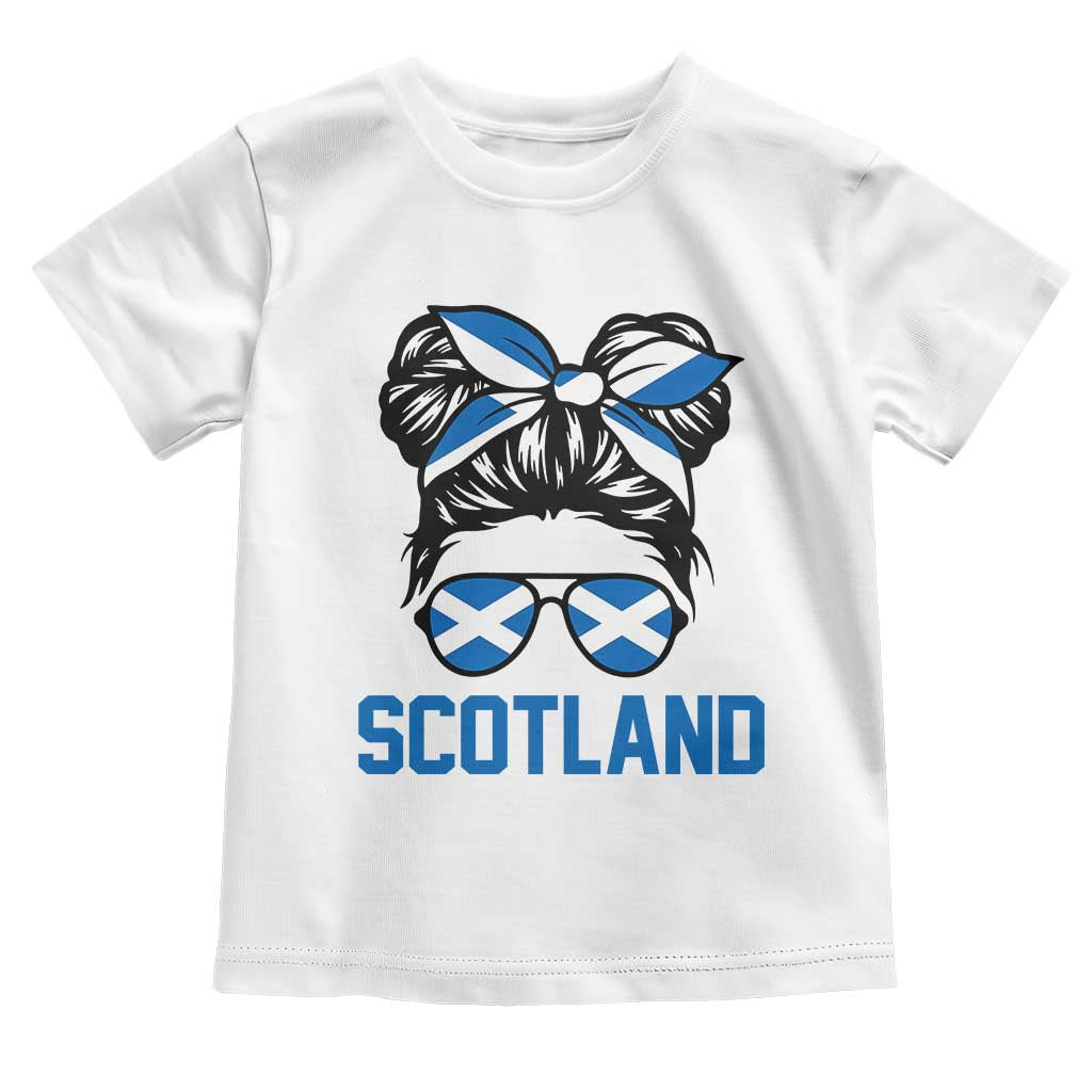 Scotland Messy Bun Hair Saltire Flag Ribbon Bow Toddler T Shirt Scottish Pride for Girls Women TS02 White Print Your Wear