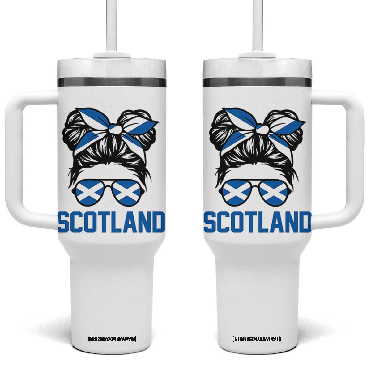 Scotland Messy Bun Hair Saltire Flag Ribbon Bow Tumbler With Handle Scottish Pride for Girls Women
