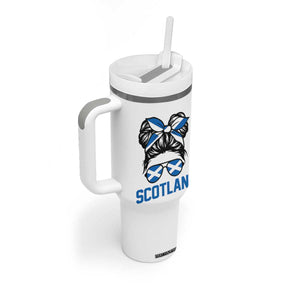 Scotland Messy Bun Hair Saltire Flag Ribbon Bow Tumbler With Handle Scottish Pride for Girls Women