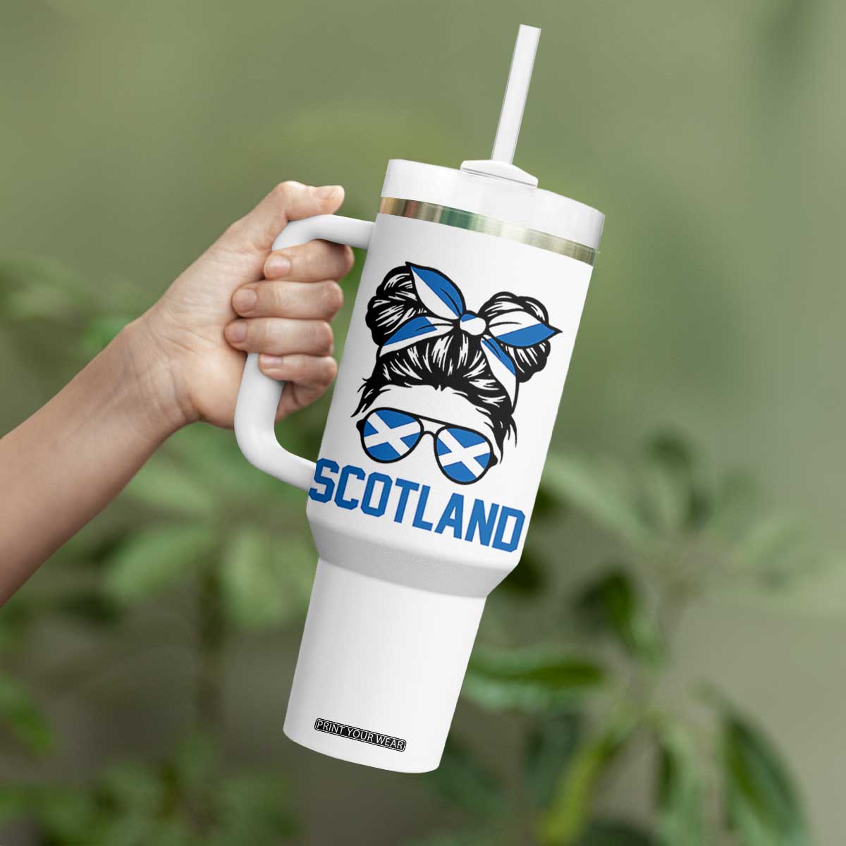 Scotland Messy Bun Hair Saltire Flag Ribbon Bow Tumbler With Handle Scottish Pride for Girls Women