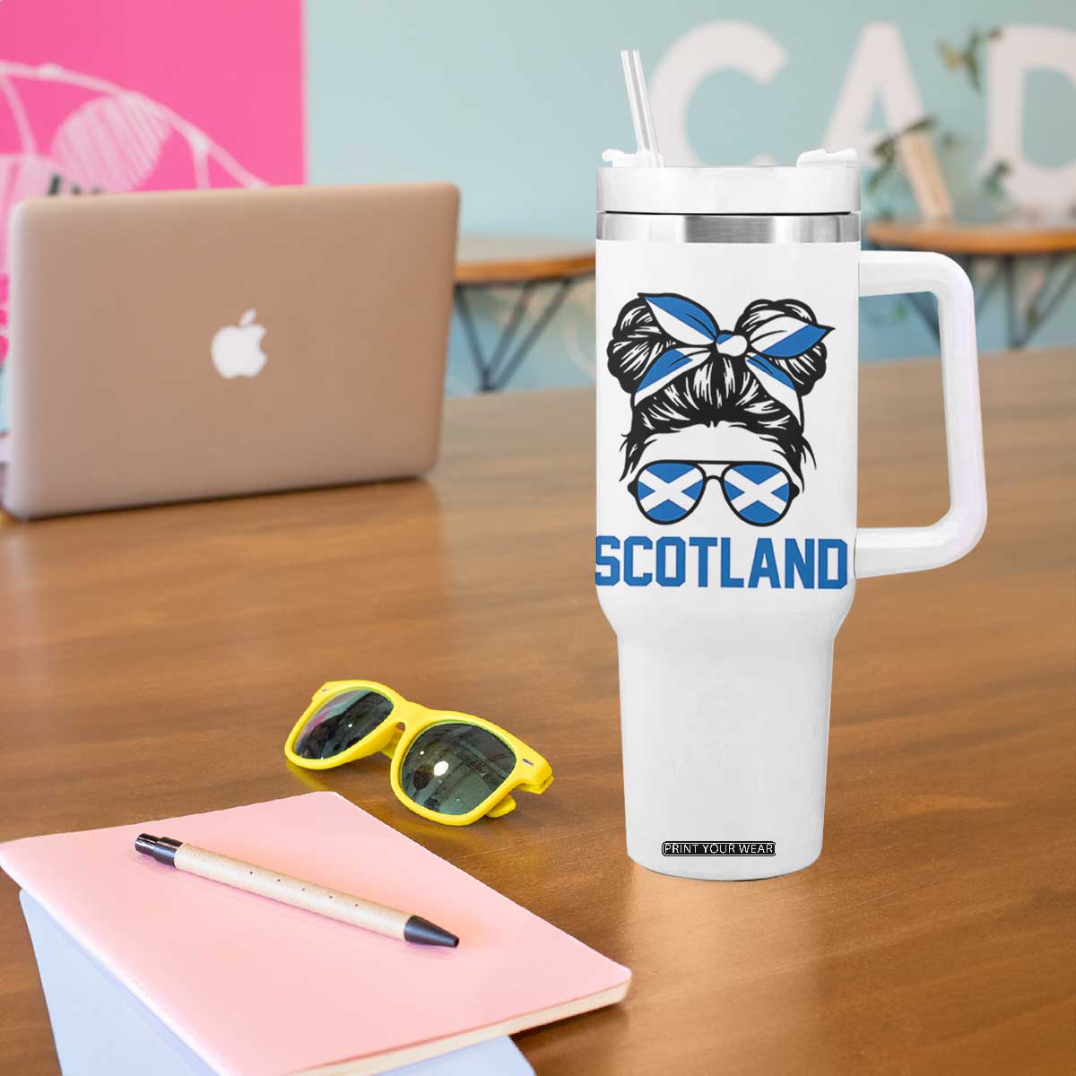 Scotland Messy Bun Hair Saltire Flag Ribbon Bow Tumbler With Handle Scottish Pride for Girls Women