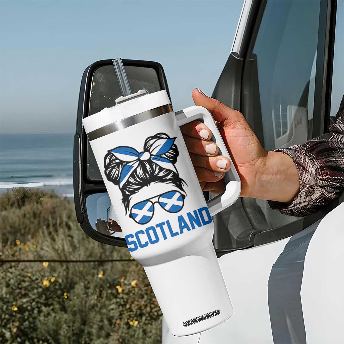 Scotland Messy Bun Hair Saltire Flag Ribbon Bow Tumbler With Handle Scottish Pride for Girls Women