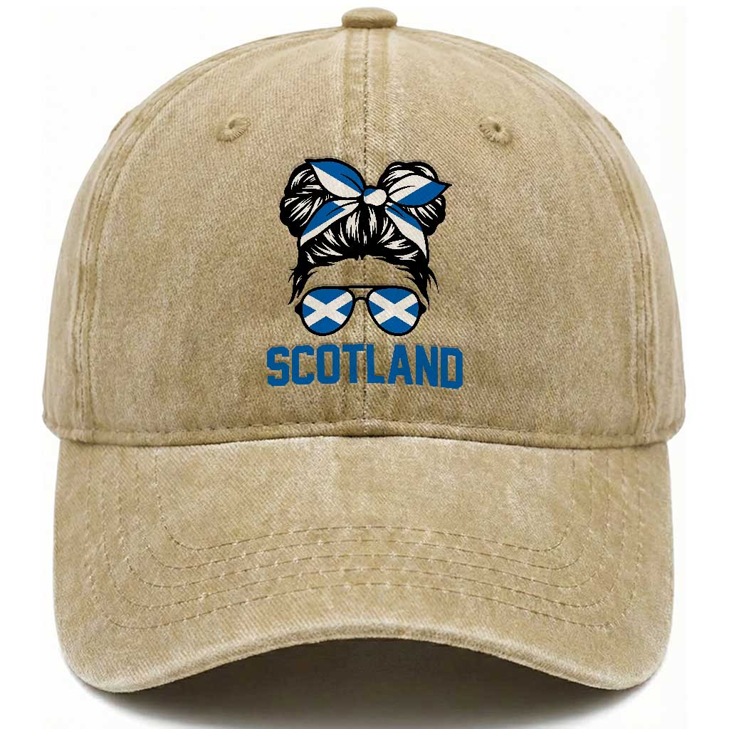 Scotland Messy Bun Hair Saltire Flag Ribbon Bow Washed Cotton Baseball Cap Scottish Pride for Girls Women