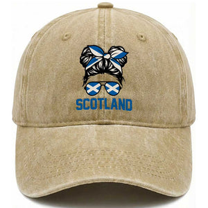 Scotland Messy Bun Hair Saltire Flag Ribbon Bow Washed Cotton Baseball Cap Scottish Pride for Girls Women