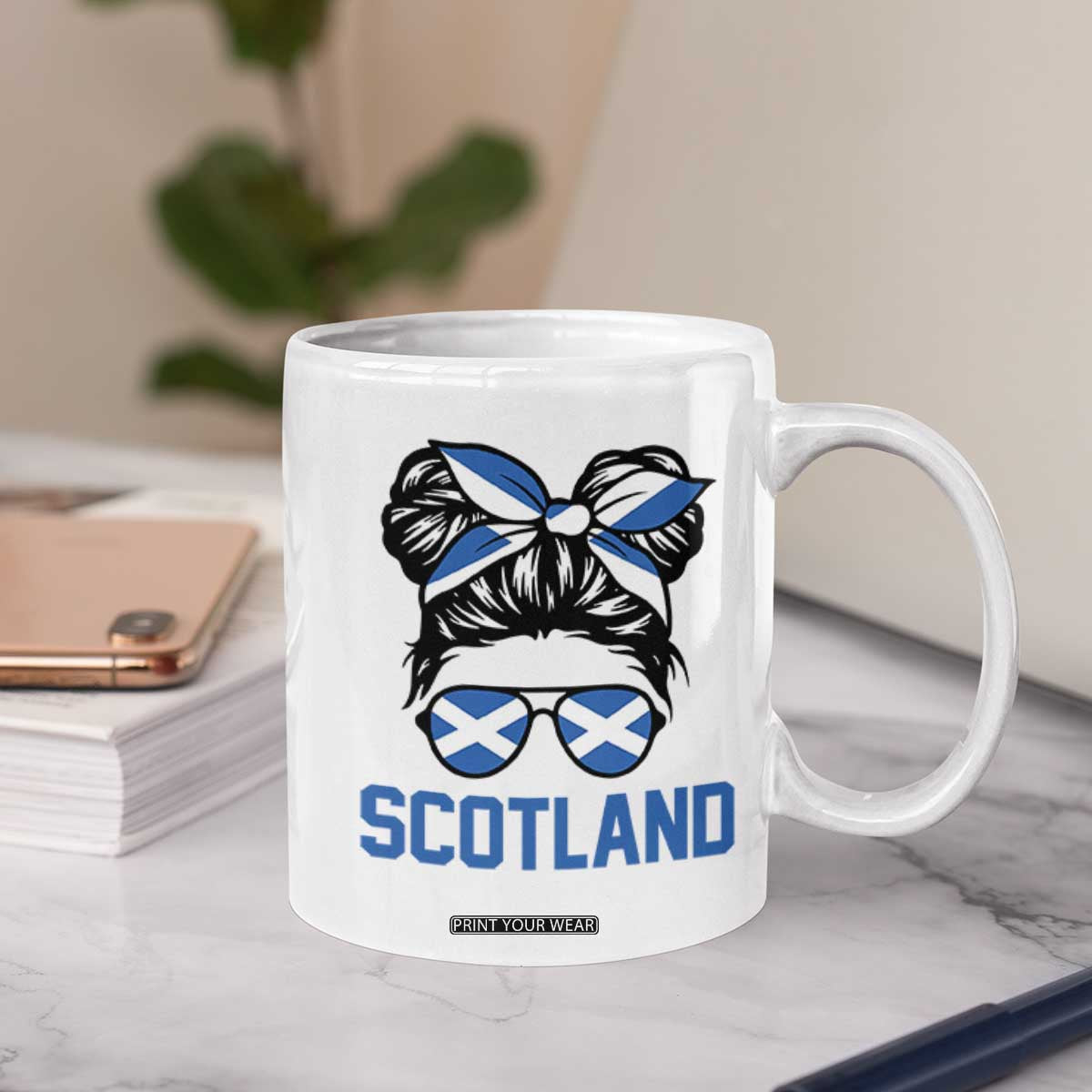 Scotland Messy Bun Hair Saltire Flag Ribbon Bow Coffee Mug Scottish Pride for Girls Women