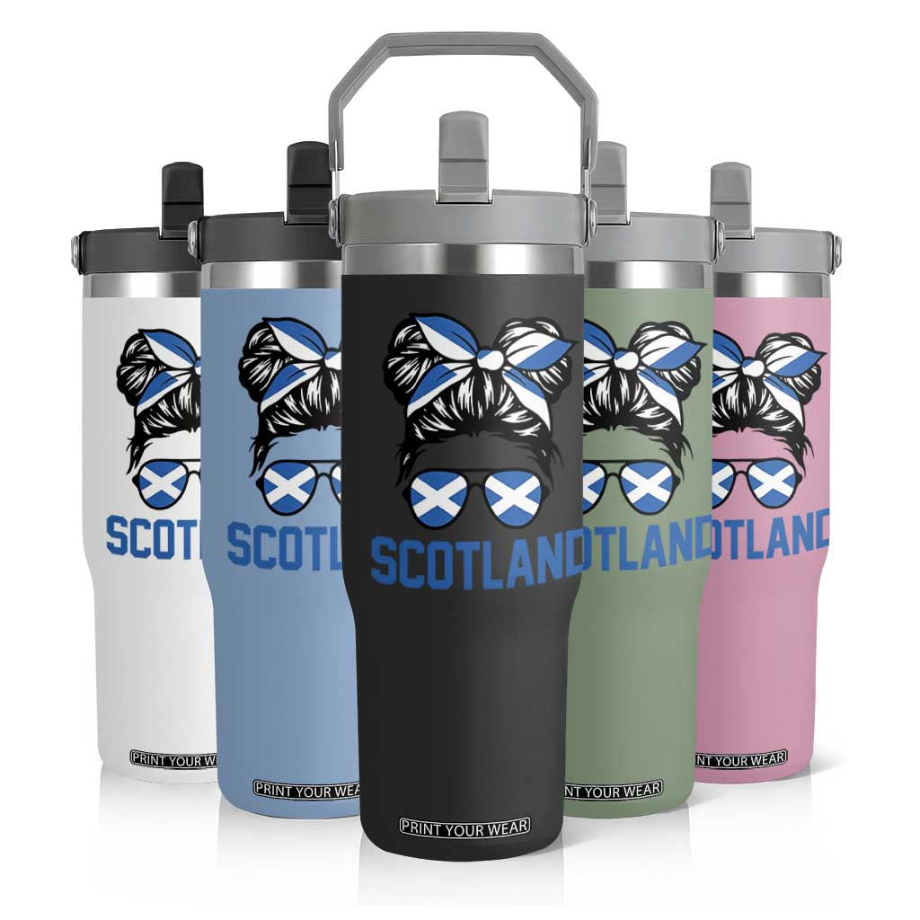 Scotland Messy Bun Hair Saltire Flag Ribbon Bow Flip Straw Tumbler Scottish Pride for Girls Women