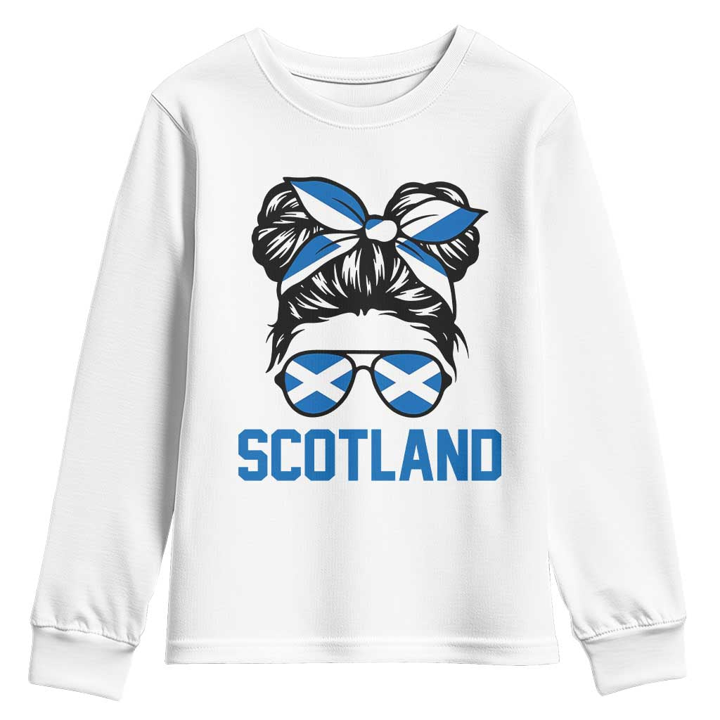 Scotland Messy Bun Hair Saltire Flag Ribbon Bow Youth Sweatshirt Scottish Pride for Girls Women TS02 White Print Your Wear