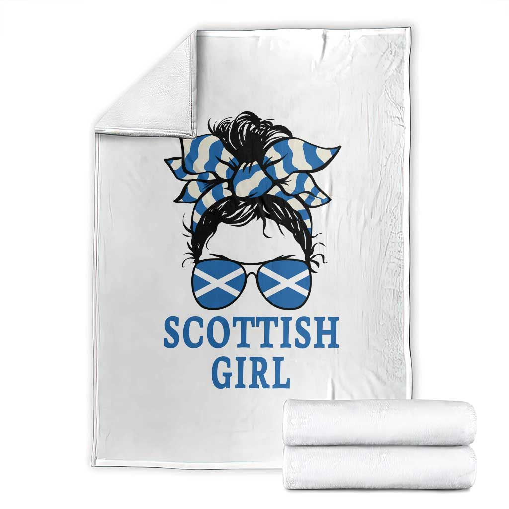Scottish Girl Messy Bun Hair Saltire Flag Ribbon Bow Throw Blanket Scotland Pride for Girls Women