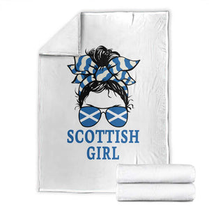 Scottish Girl Messy Bun Hair Saltire Flag Ribbon Bow Throw Blanket Scotland Pride for Girls Women