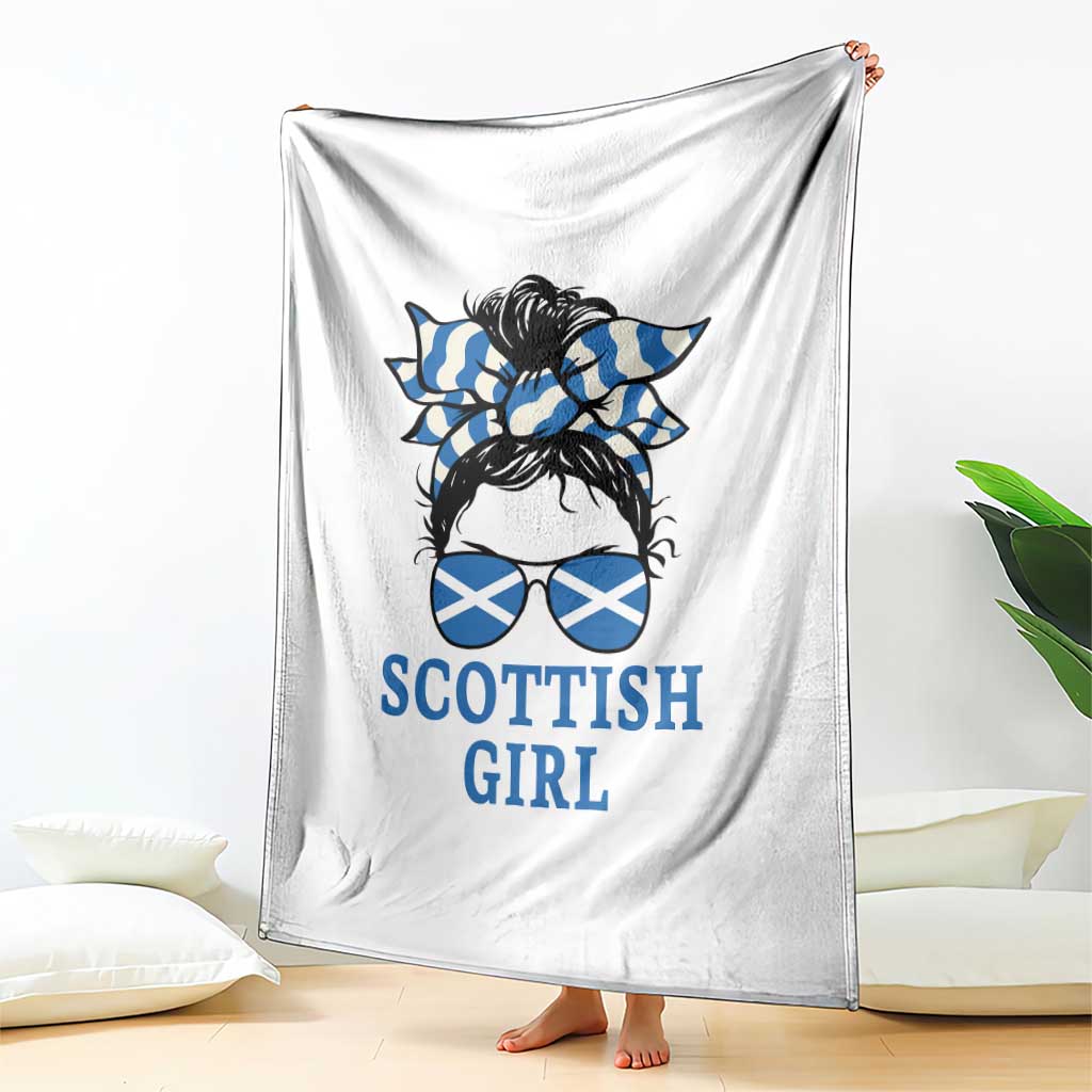 Scottish Girl Messy Bun Hair Saltire Flag Ribbon Bow Throw Blanket Scotland Pride for Girls Women