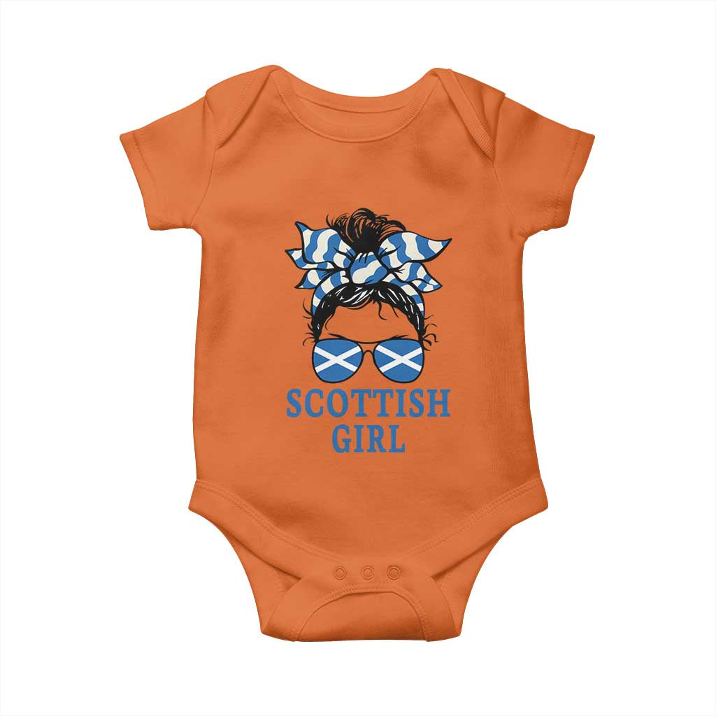 Scottish Girl Messy Bun Hair Saltire Flag Ribbon Bow Baby Onesie Scotland Pride for Girls Women