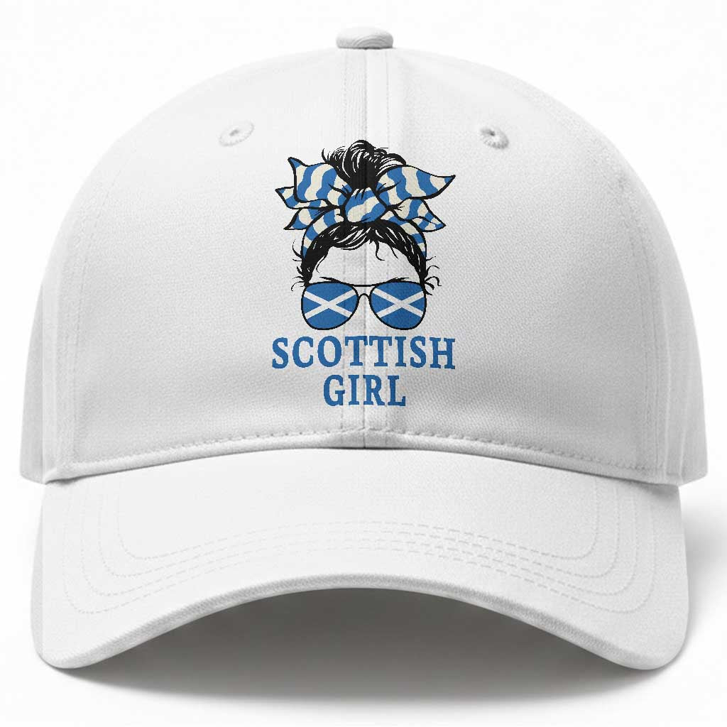 Scottish Girl Messy Bun Hair Saltire Flag Ribbon Bow Baseball Cap Scotland Pride for Girls Women
